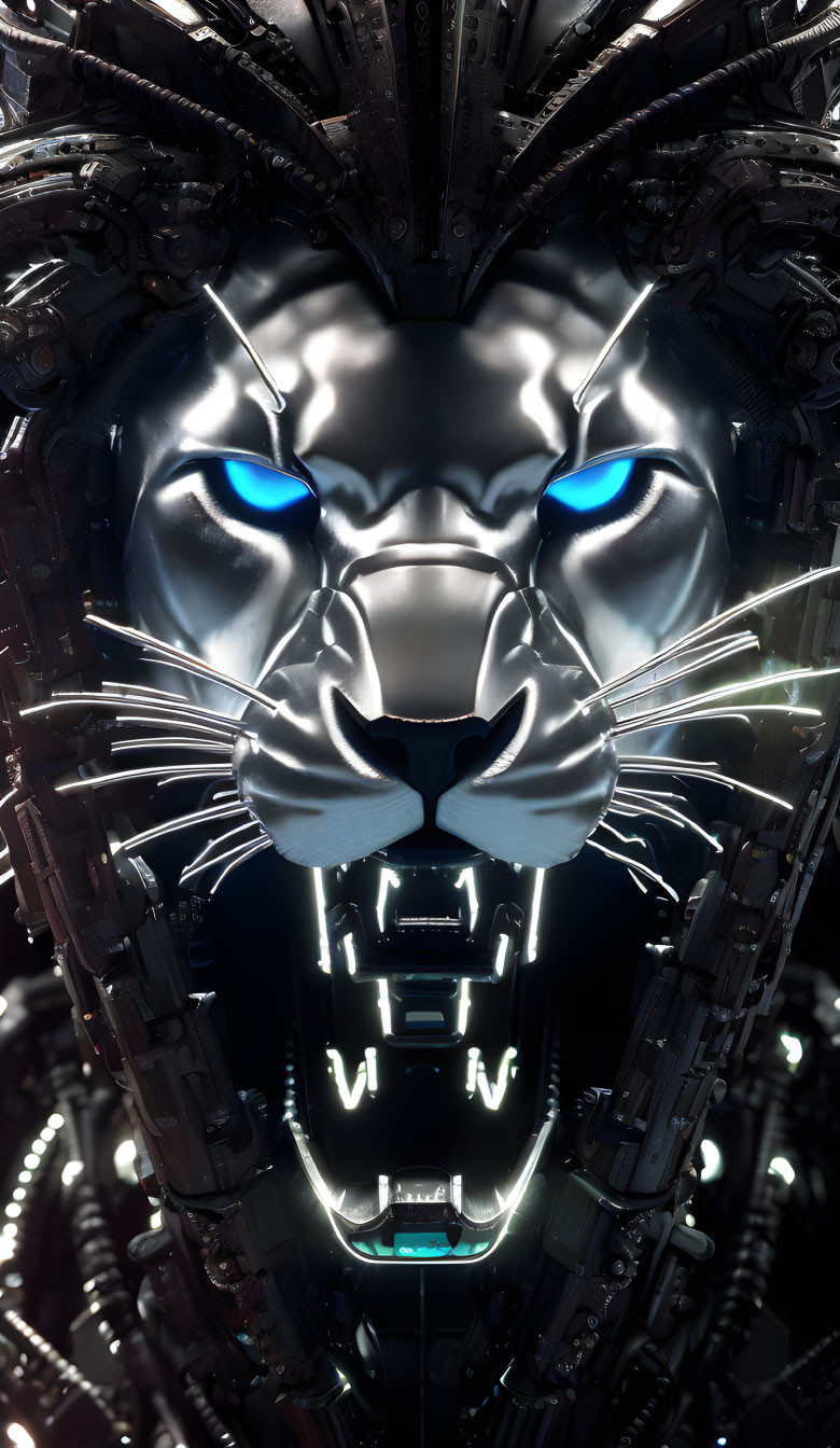 Futuristic metallic lion's head with glowing blue eyes on dark mechanical background