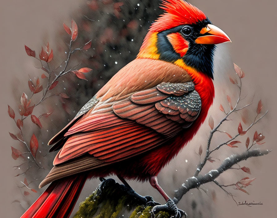 Colorful cardinal on branch with snowflakes