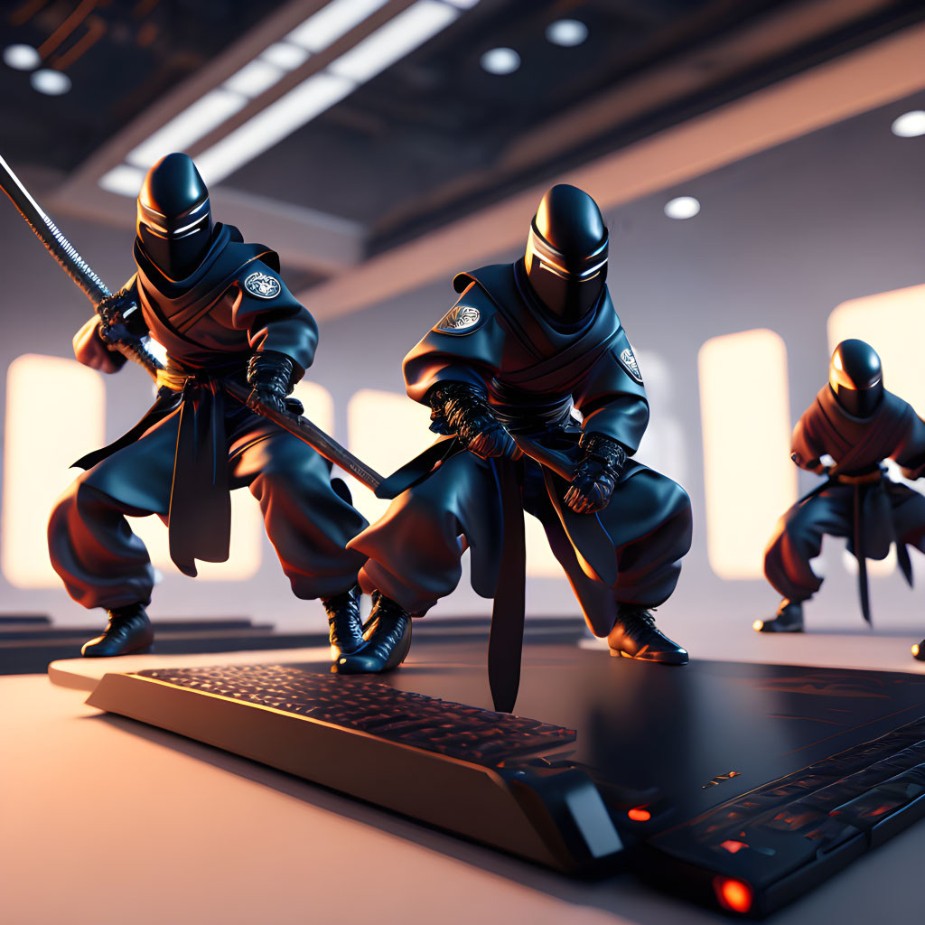 Ninja figurines in action poses with computer setup in cool light