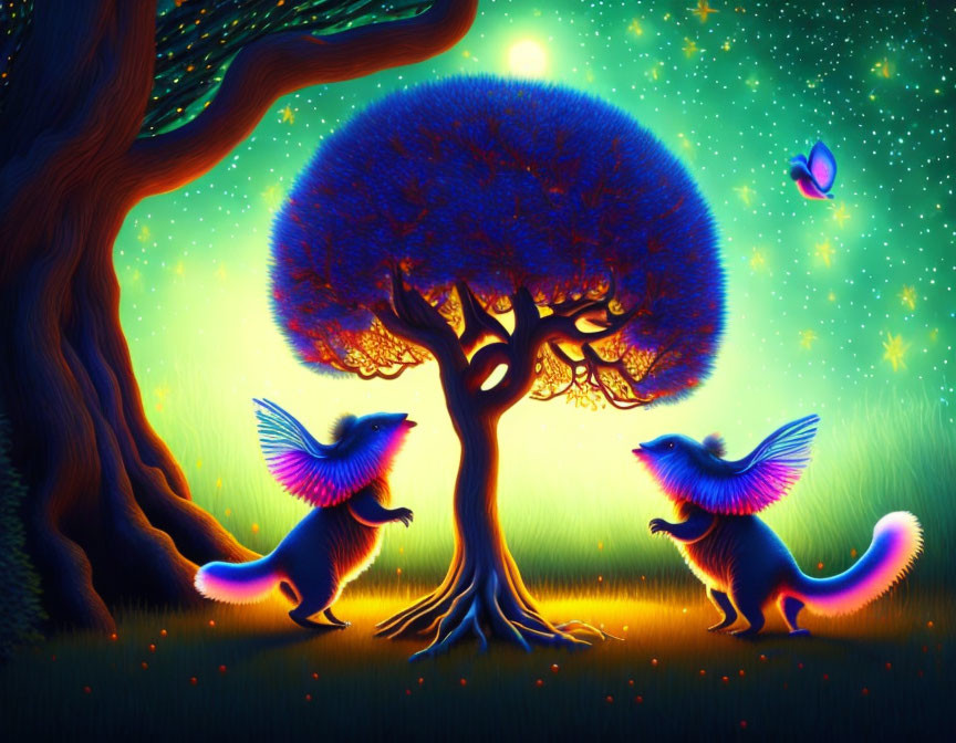 Fantasy scene: Glowing winged creatures under luminous tree