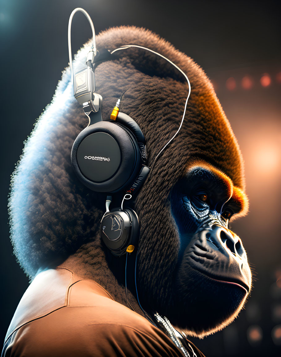 Contemplative gorilla in headphones on dark background