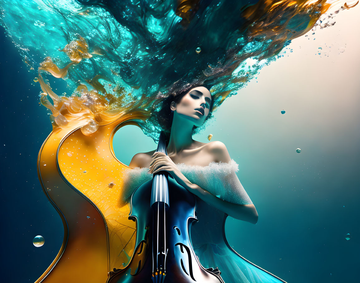 Woman holding a cello in water with colorful flowing hair