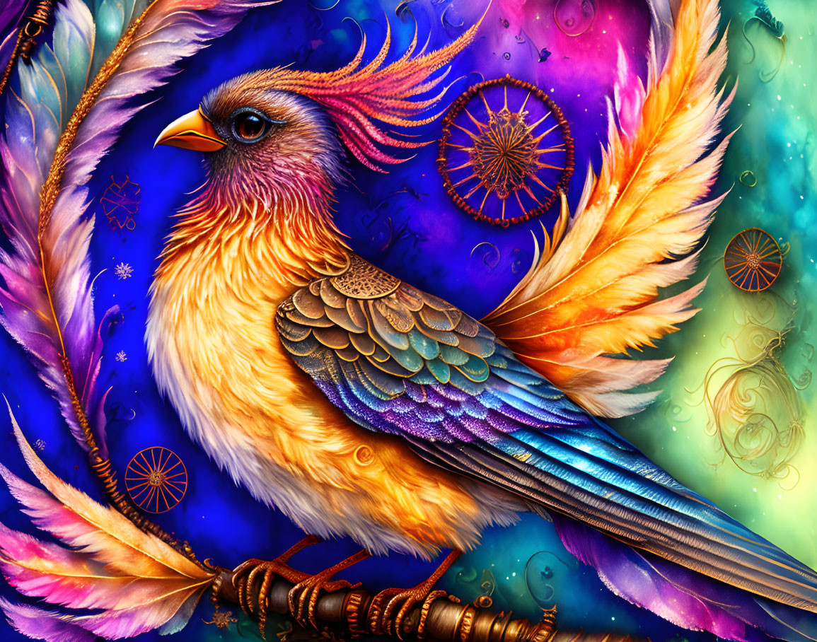 Colorful fantasy bird digital artwork with celestial motifs and intricate feather details