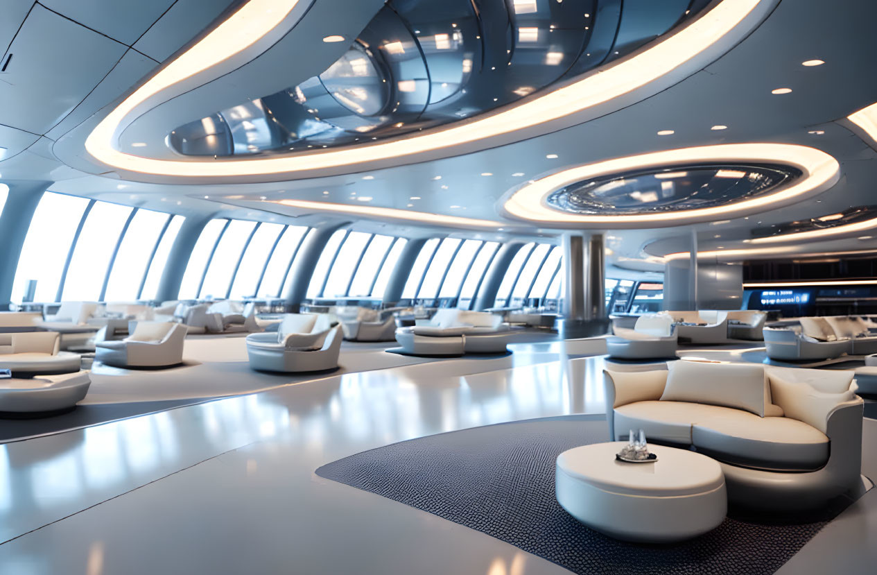 Sleek white chairs and tables in futuristic interior with circular lighting and expansive windows