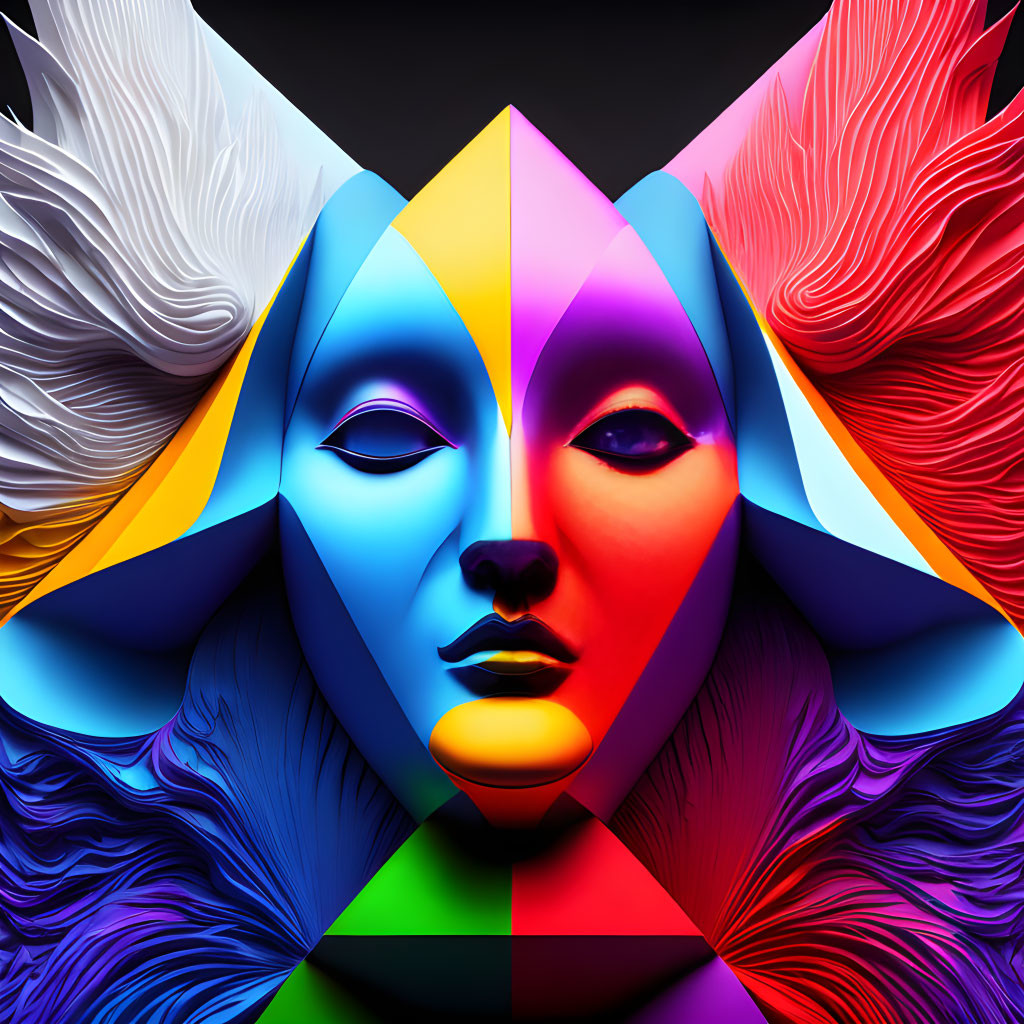 Symmetrical multicolored face with abstract feather details