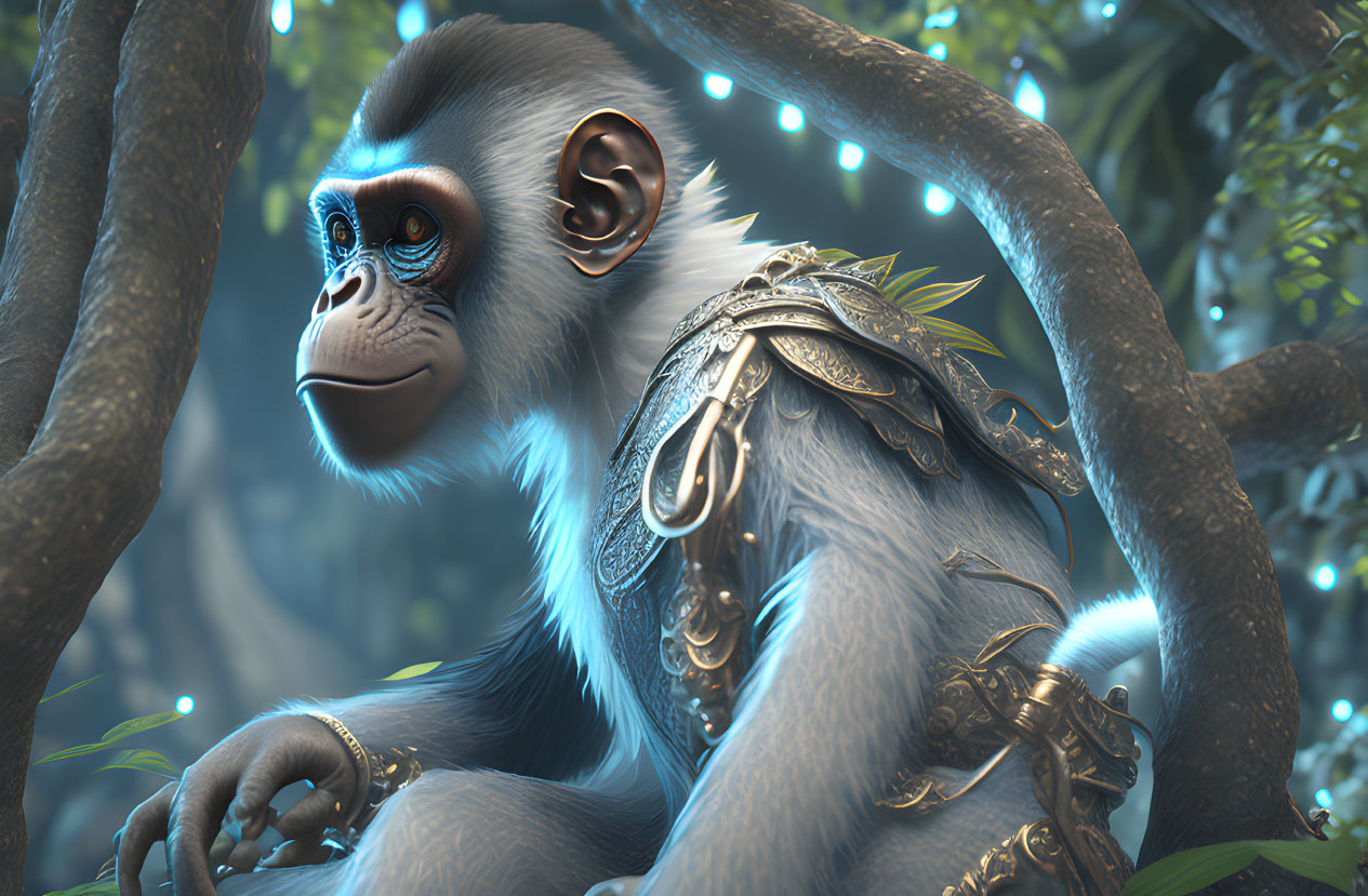 Digitally-rendered monkey in metallic armor among mystical forest branches