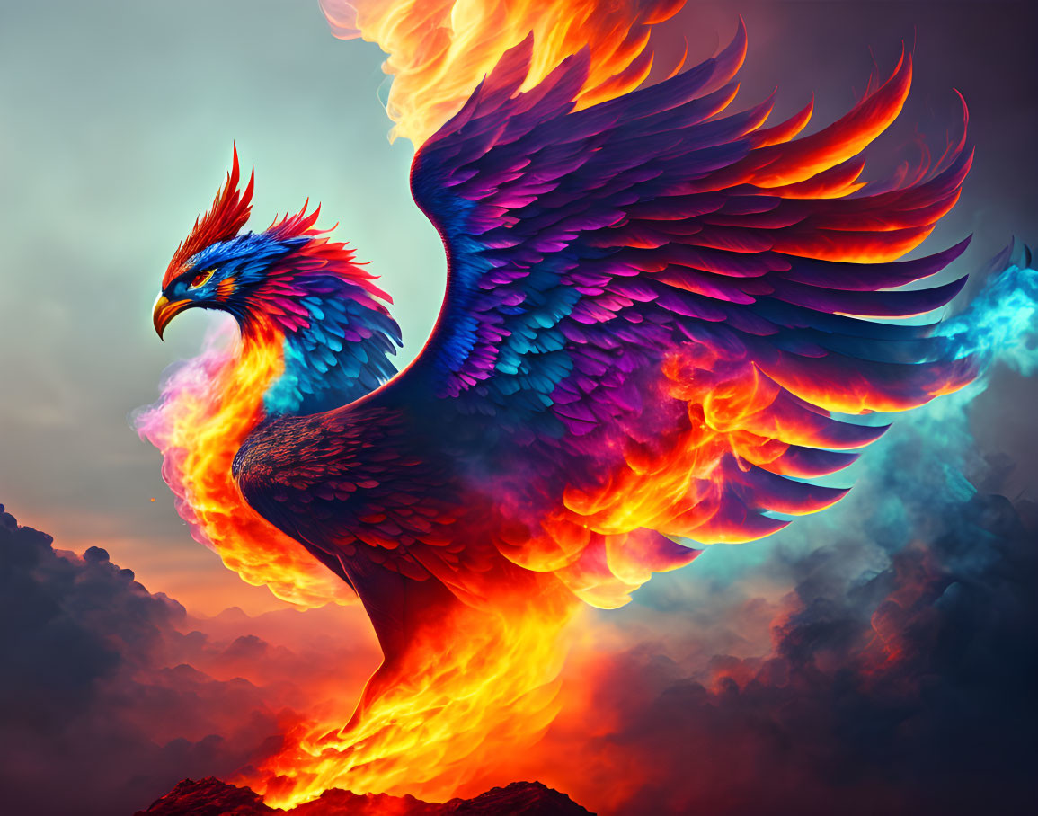 Colorful Phoenix Spreading Wings in Fiery Atmosphere