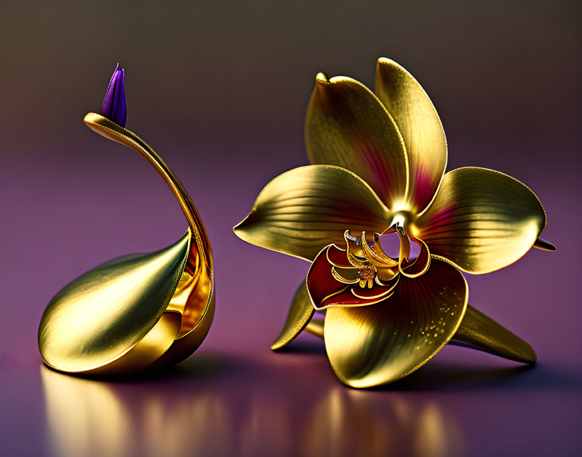 Gold-toned artistic flowers on soft purple backdrop - Digital rendering