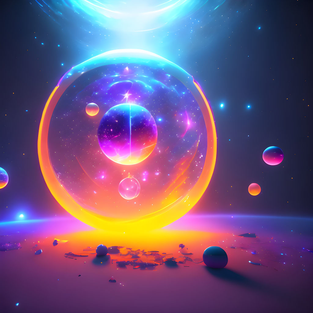 Colorful cosmic scene with glowing orbs and rings in blues and oranges