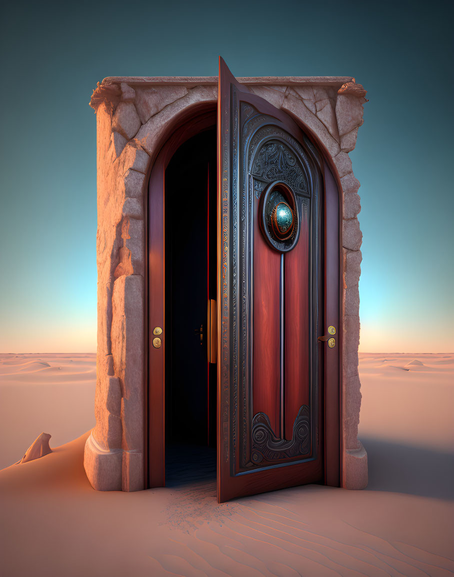 Intricately carved wooden door in desert landscape