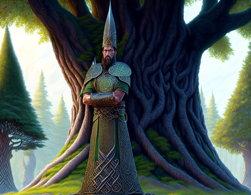 Majestic bearded warrior in elaborate armor in enchanted forest