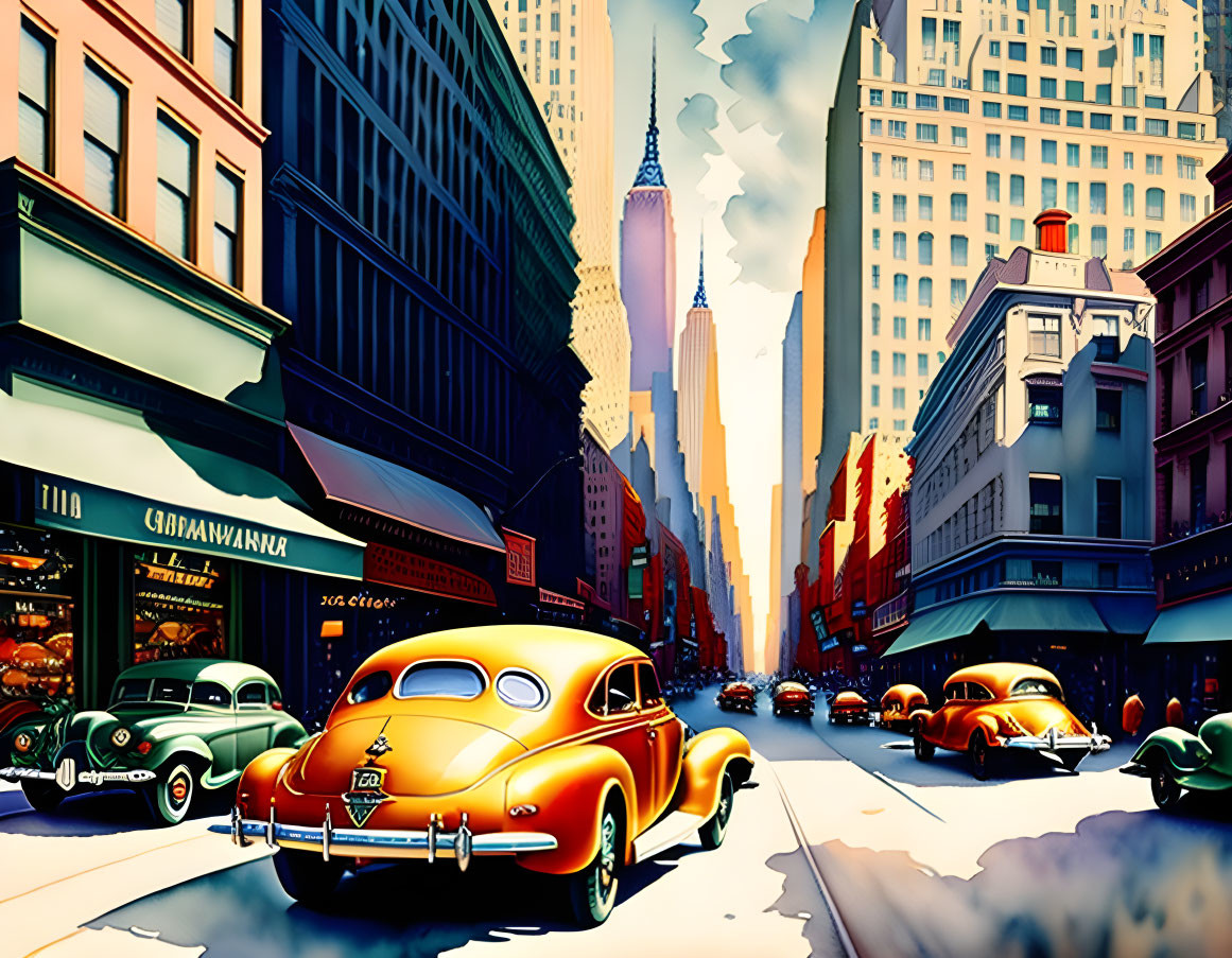 Vintage Urban Scene with Classic Cars and Art Deco Buildings