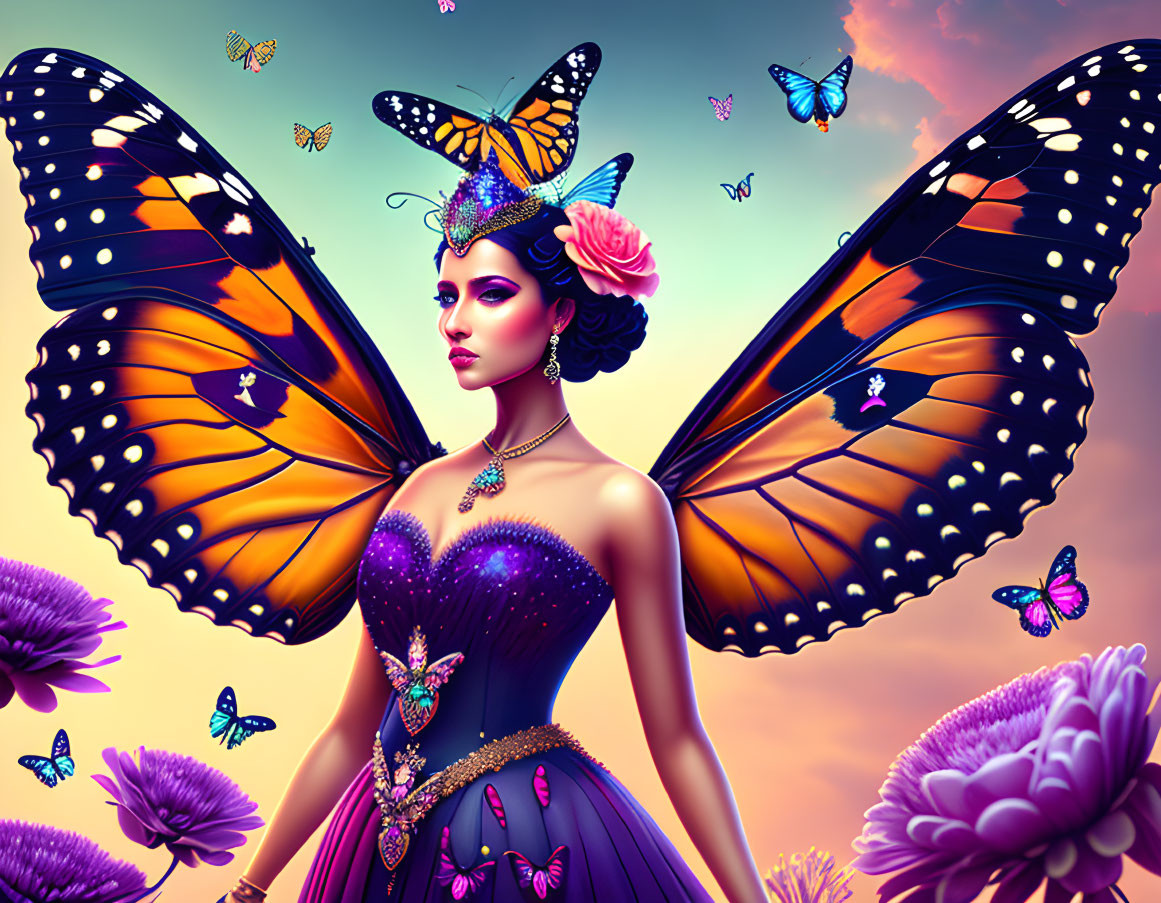 Woman with butterfly wings and butterflies in purple dress under dreamy sky