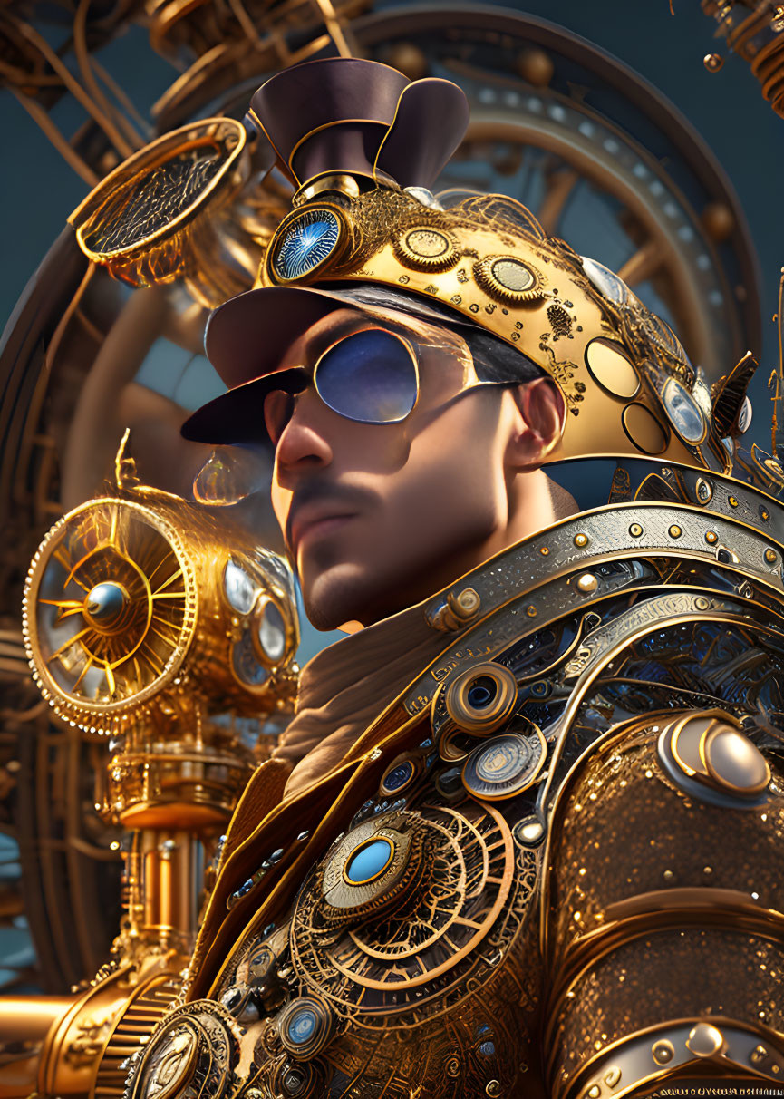 Steampunk-inspired man in ornate attire with top hat and goggles against clockwork backdrop