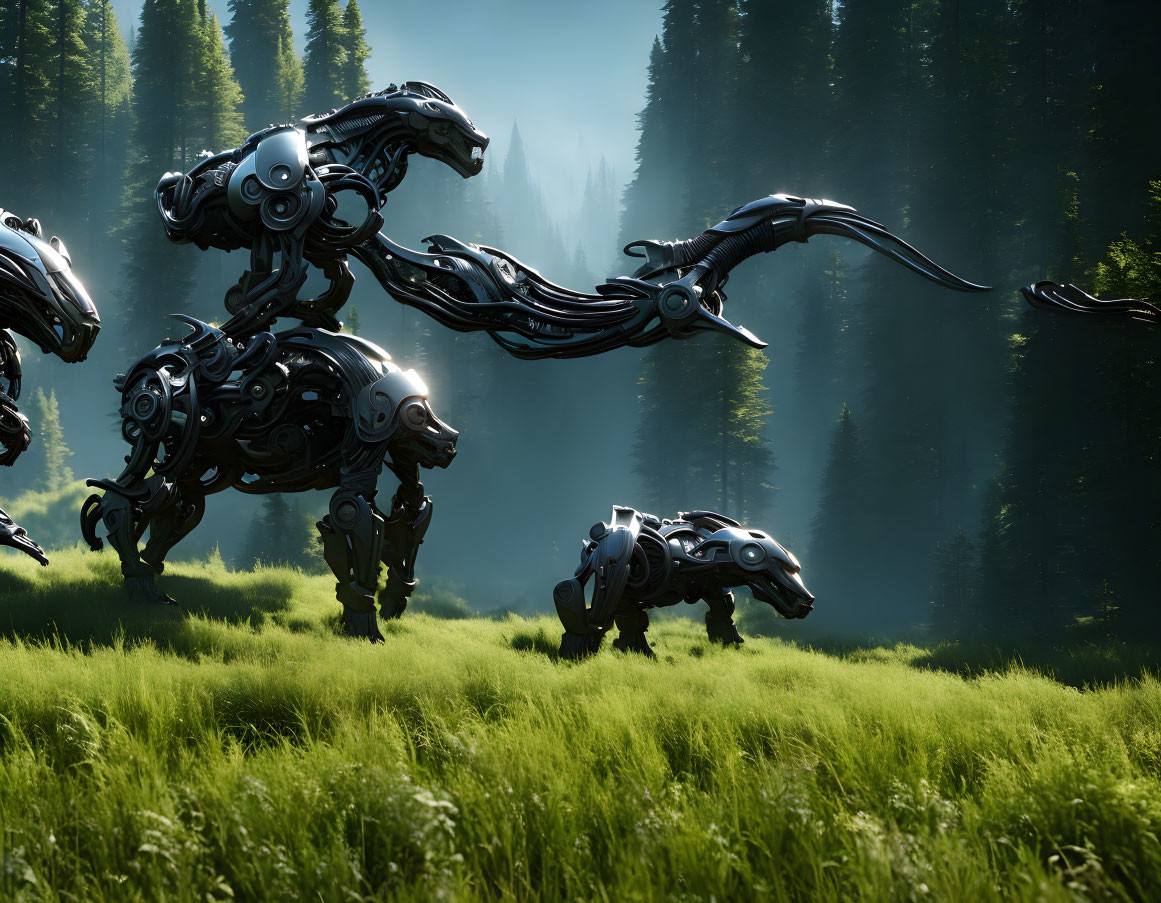 Robotic animal-like creatures in lush forest setting