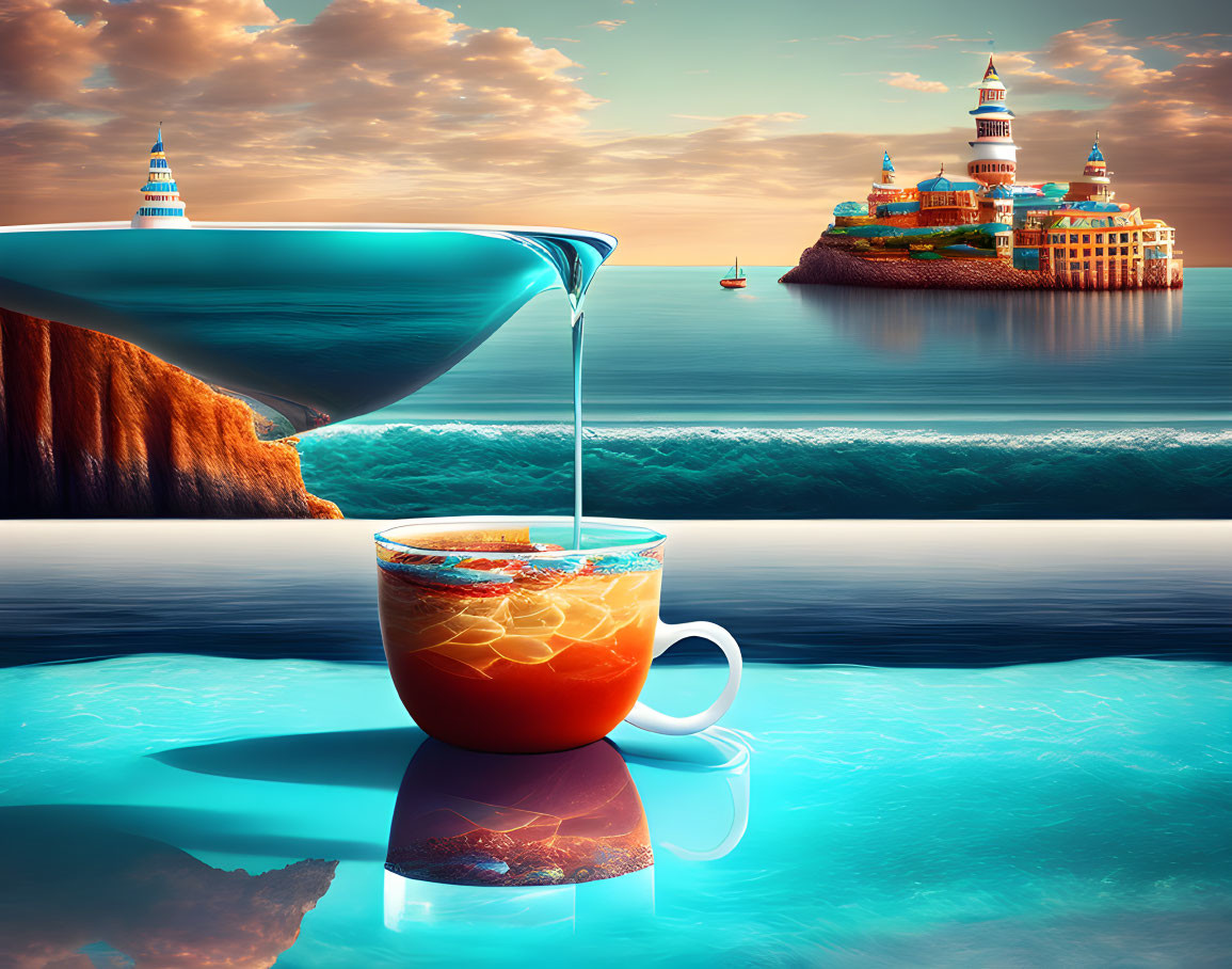 Surreal landscape with giant tea cup on ocean, waterfall, and castle island