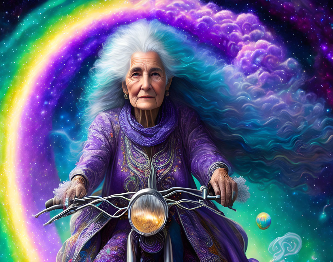 Elderly Woman Riding Bicycle with Cosmic Background