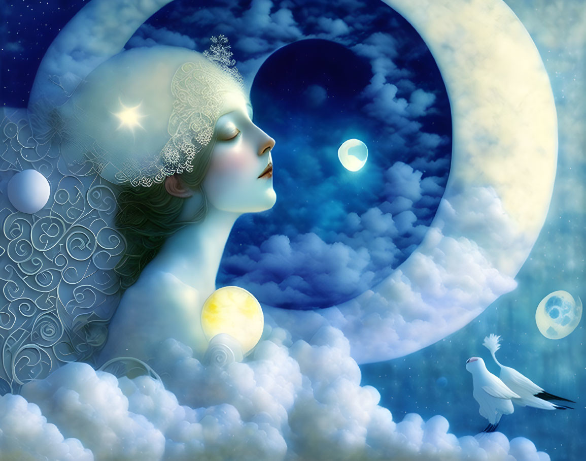 Surreal woman's face merges with crescent moon in dreamlike scene