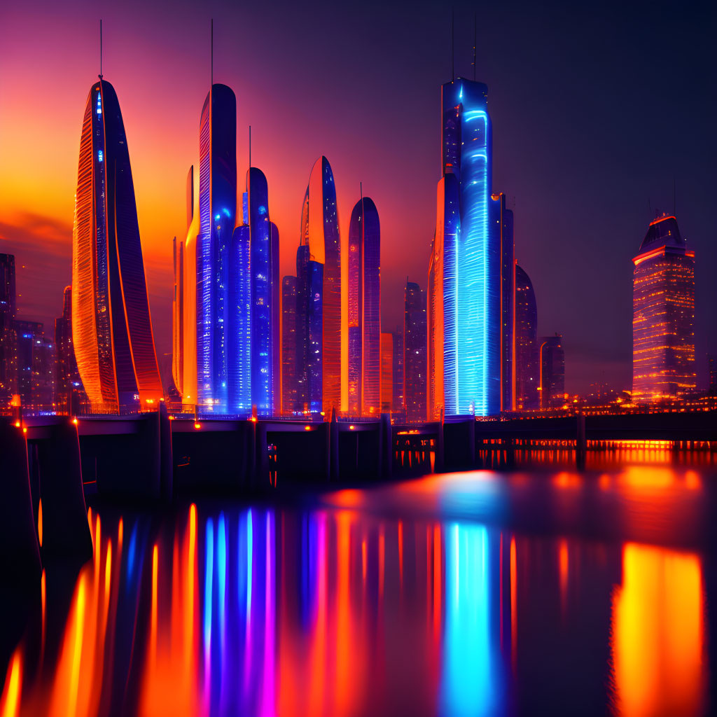 City skyline at dusk: Vibrant skyscrapers reflecting on calm water