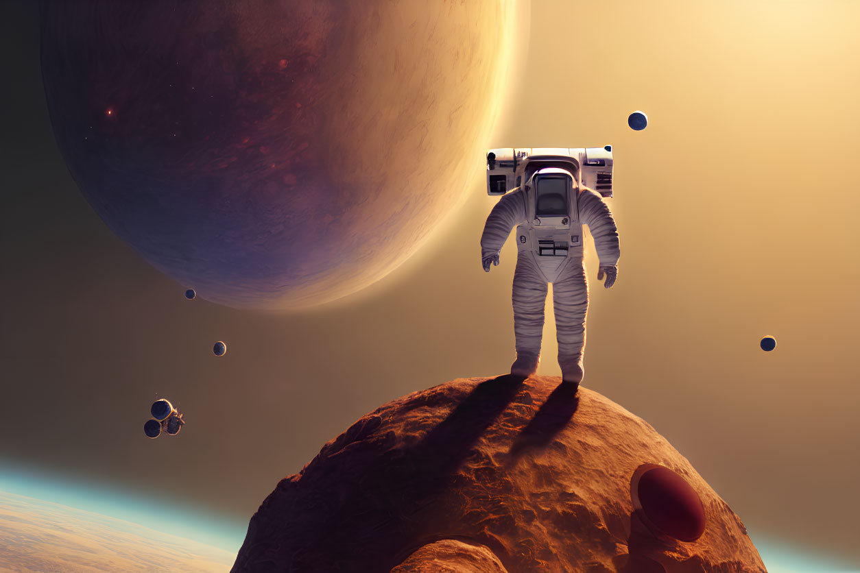 Astronaut on rocky alien surface gazes at distant planet and moons