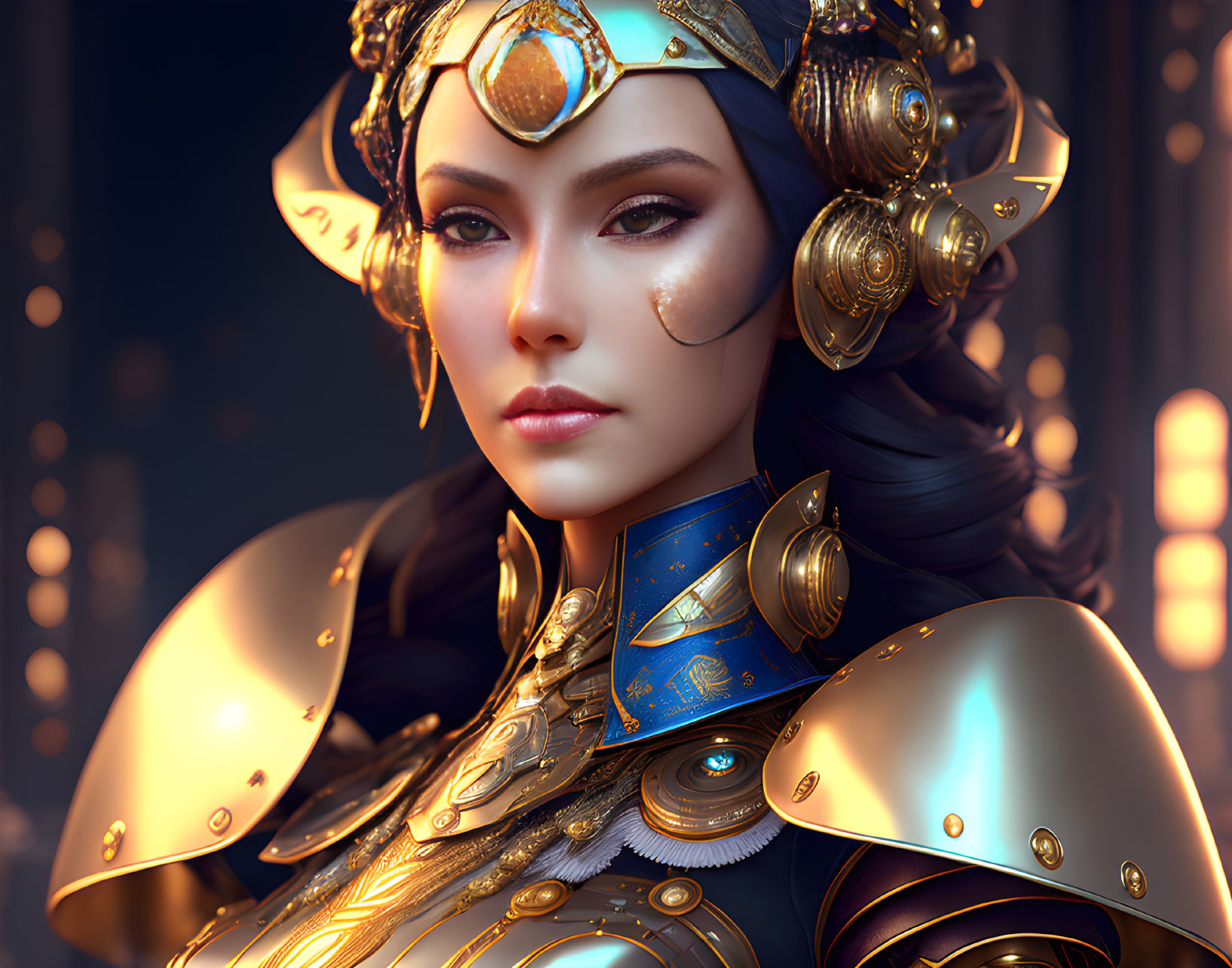 Elaborate Golden Armor Woman Digital Artwork