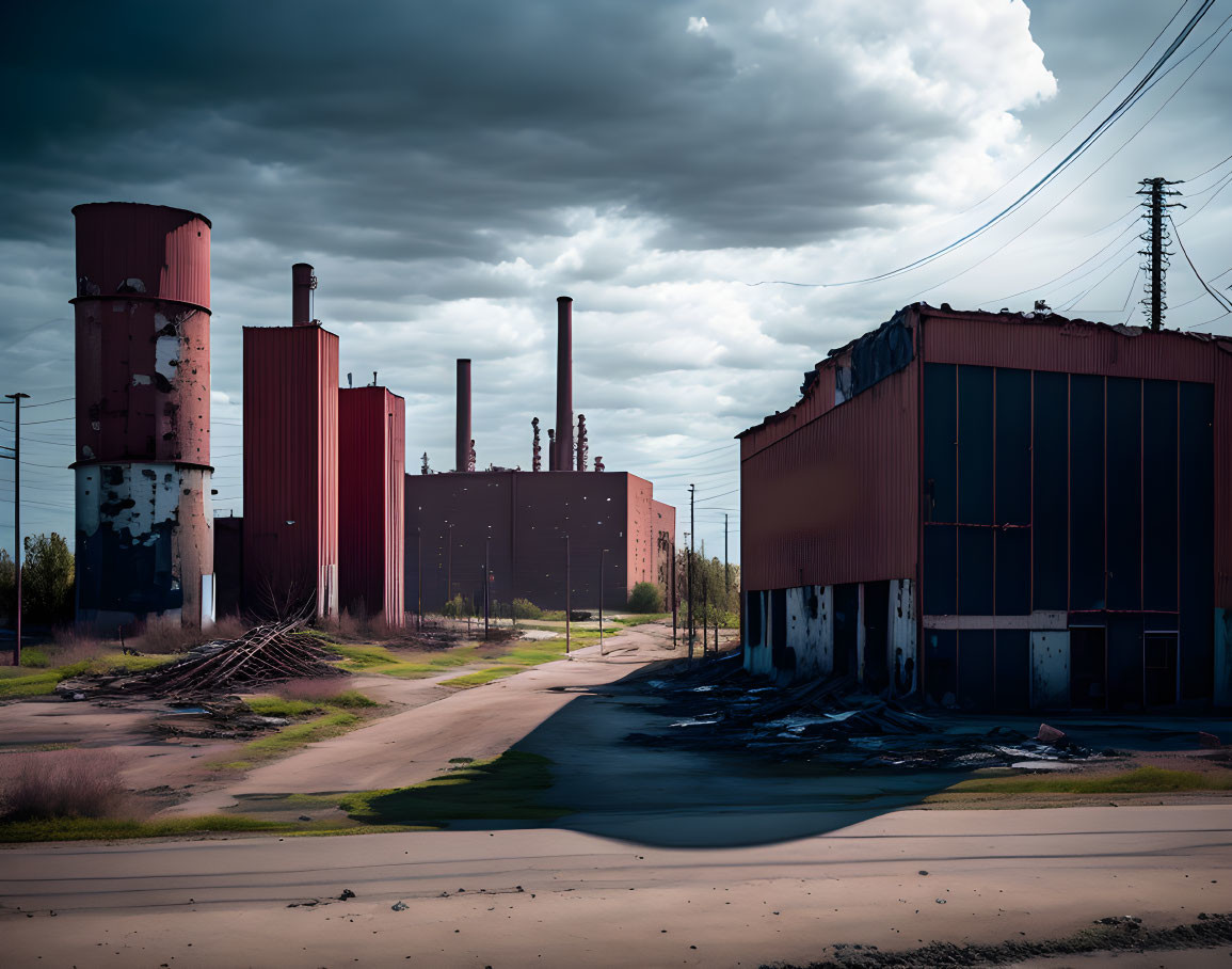 Abandoned industrial site with rusty towers and debris on cracked road