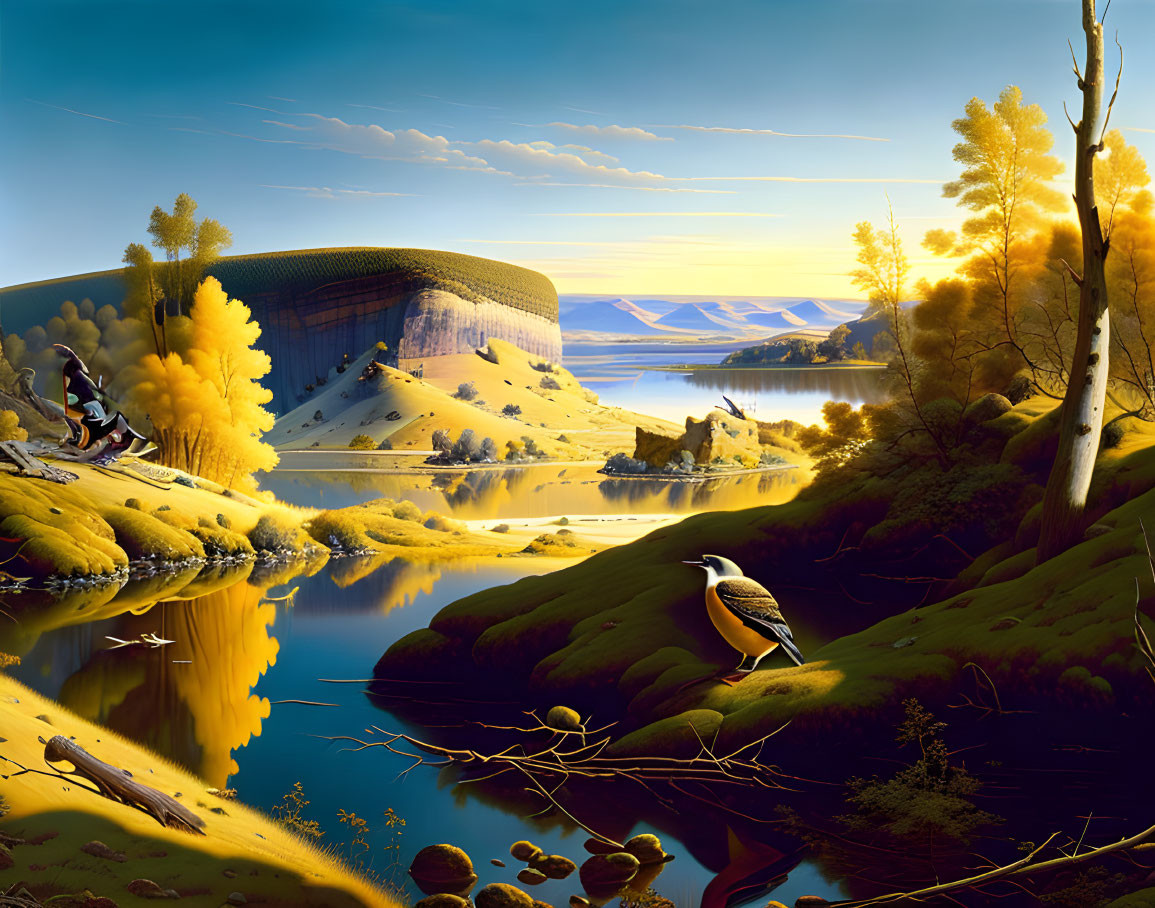 Tranquil autumn landscape with river, heron, and hill