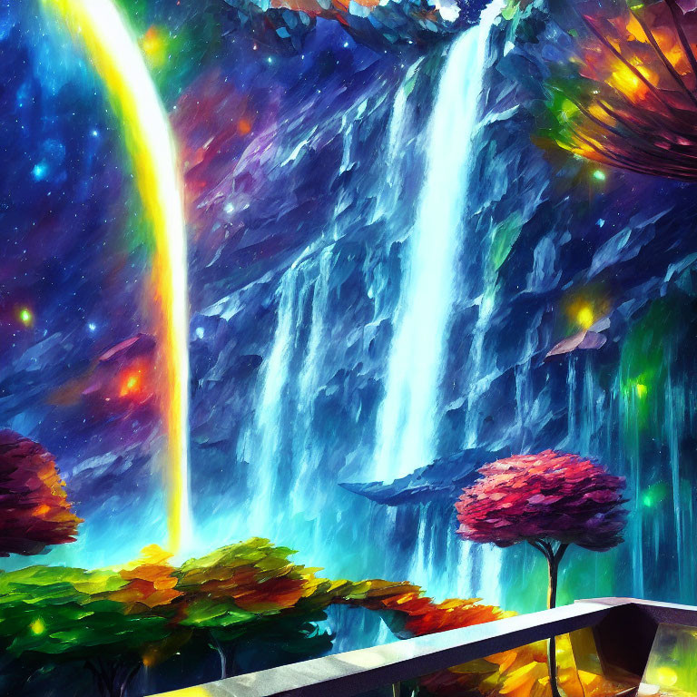 Colorful fantasy landscape with waterfall, rainbow, and nebula sky