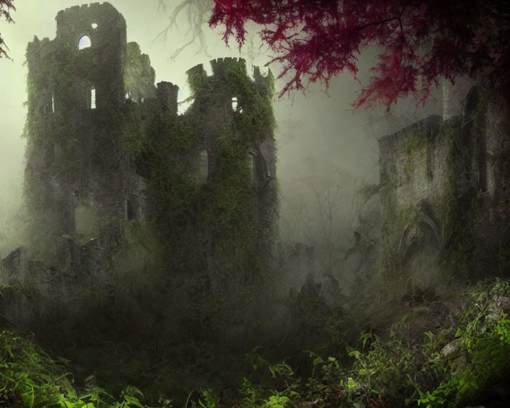 Ivy-covered castle ruins with mist and red-leafed tree