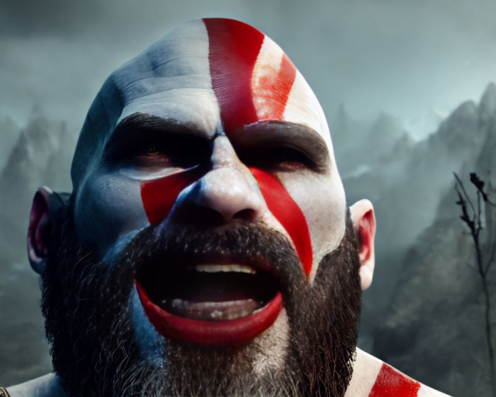 Fierce bearded video game character with red face paint in stormy mountainous backdrop