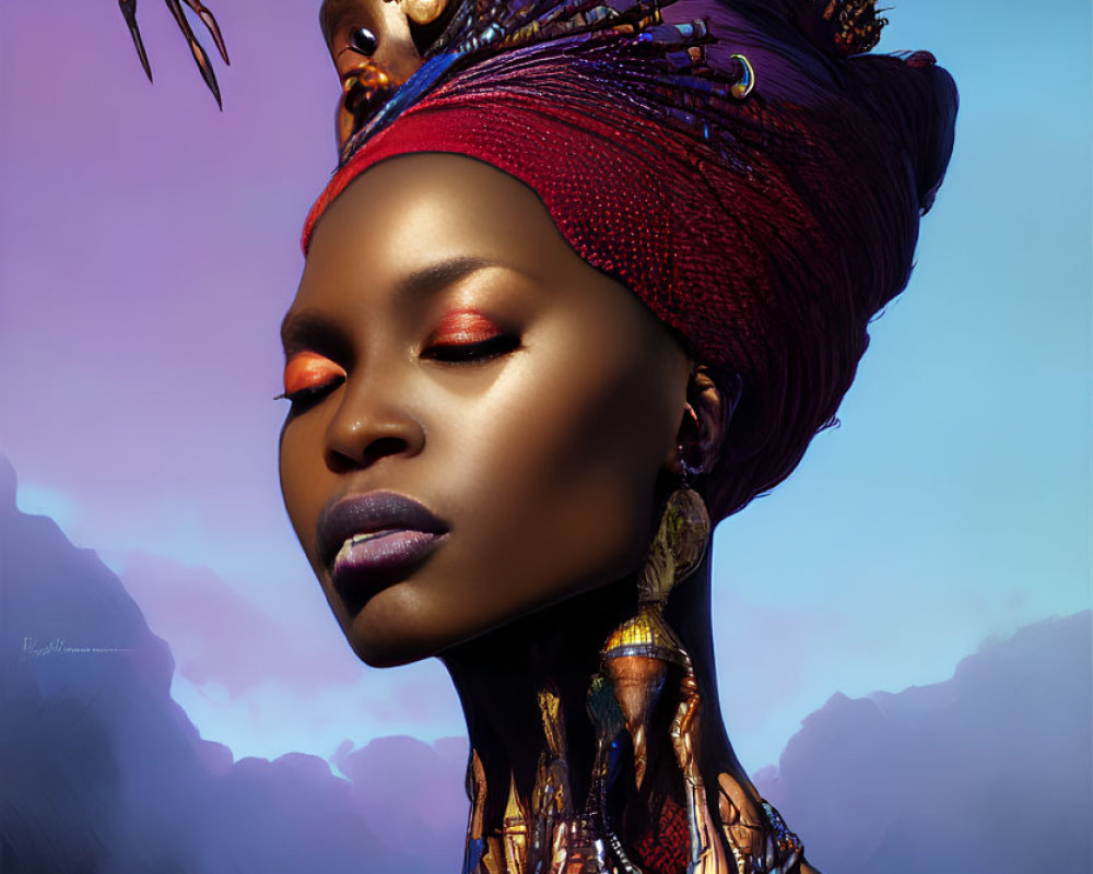 Vivid portrait of woman with ornate headwrap and jewelry against purple sky