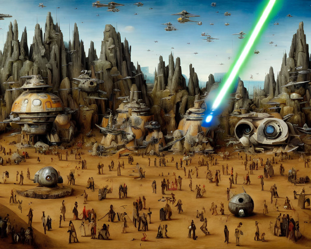 Renaissance-style painting with sci-fi elements: alien landscape, robots, spacecraft, and blue lights