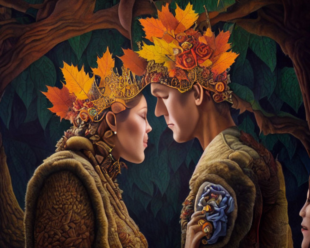 Intimate Autumn Scene: Two People with Leaf Crowns in Detailed Foliage Setting