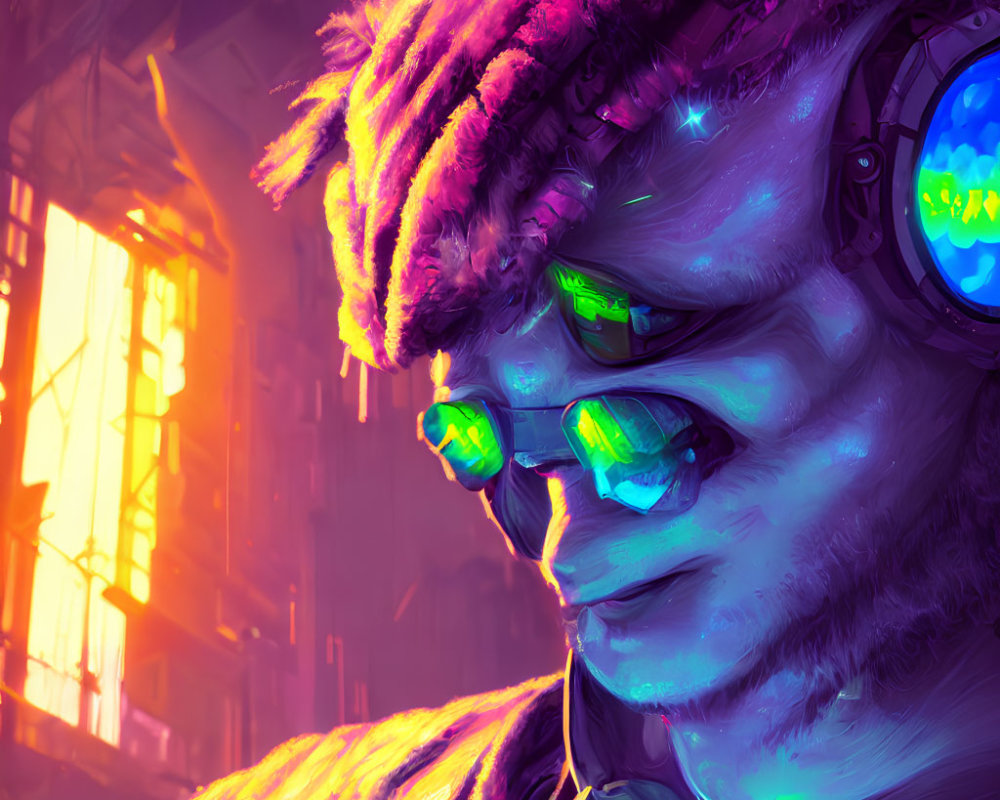 Purple-furred cybernetic creature in neon-lit setting with green glasses and headphones