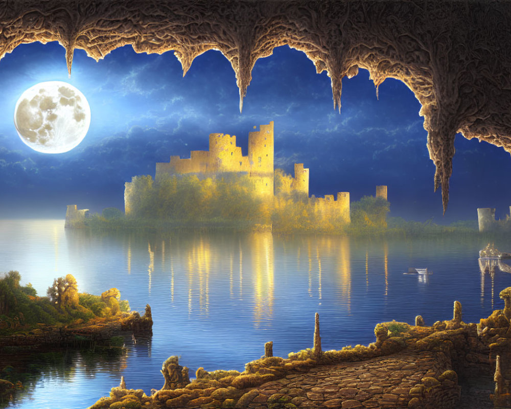 Illuminated castle in fantasy landscape with full moon reflection