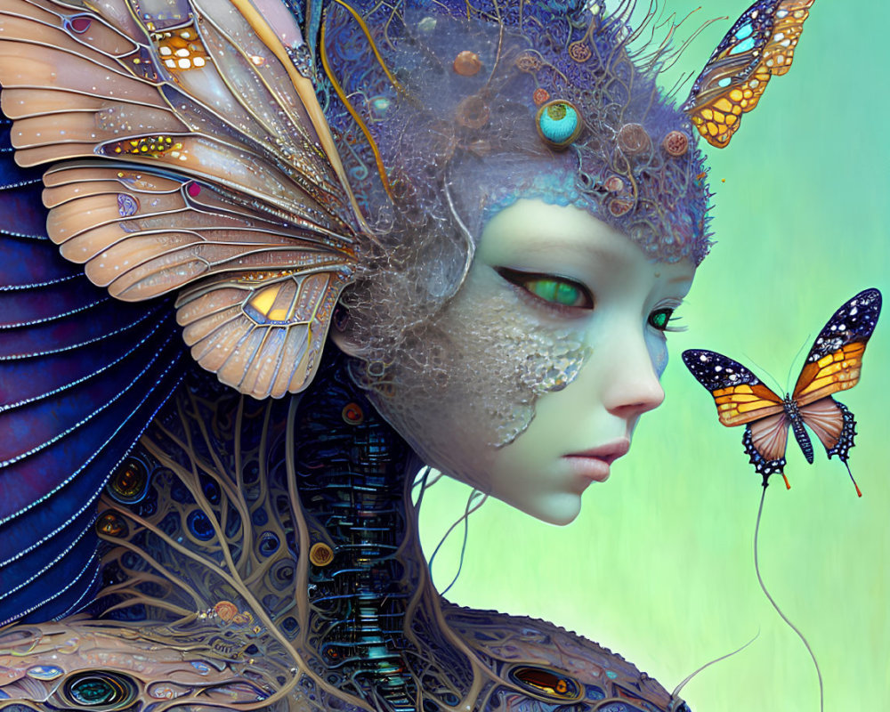 Iridescent Butterfly-Inspired Humanoid Figure on Green Background