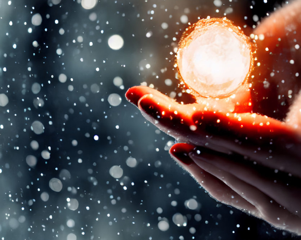 Glowing orb held in hand with snowy bokeh background