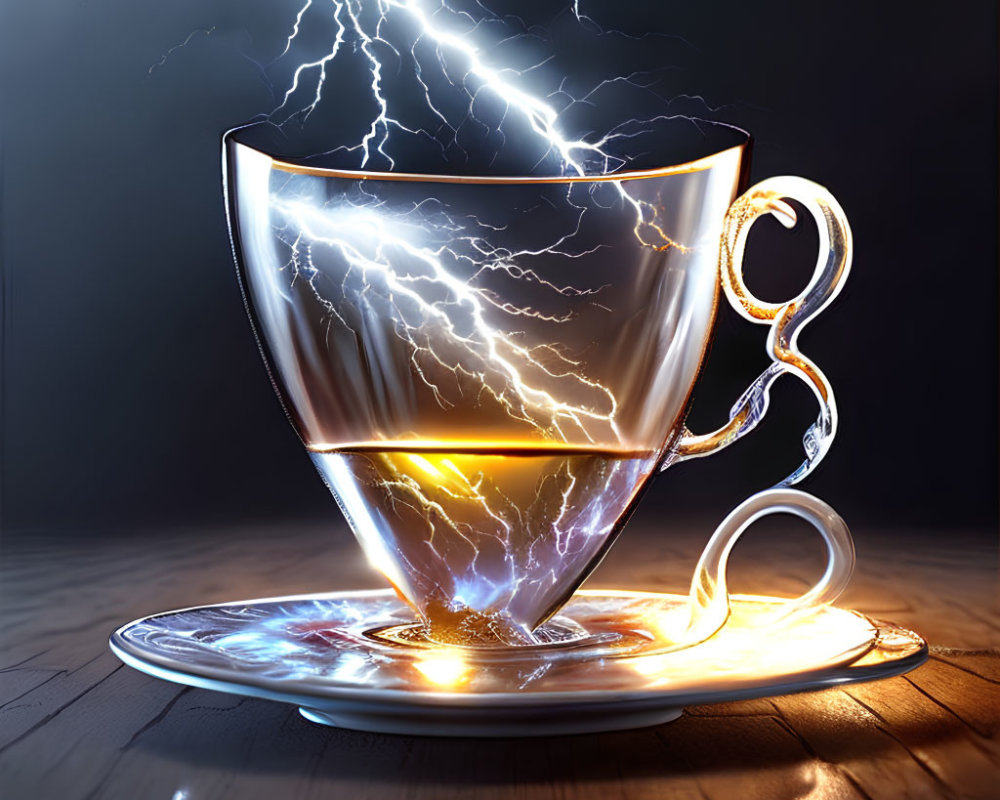 Translucent cup of tea with lightning reflection on dark background