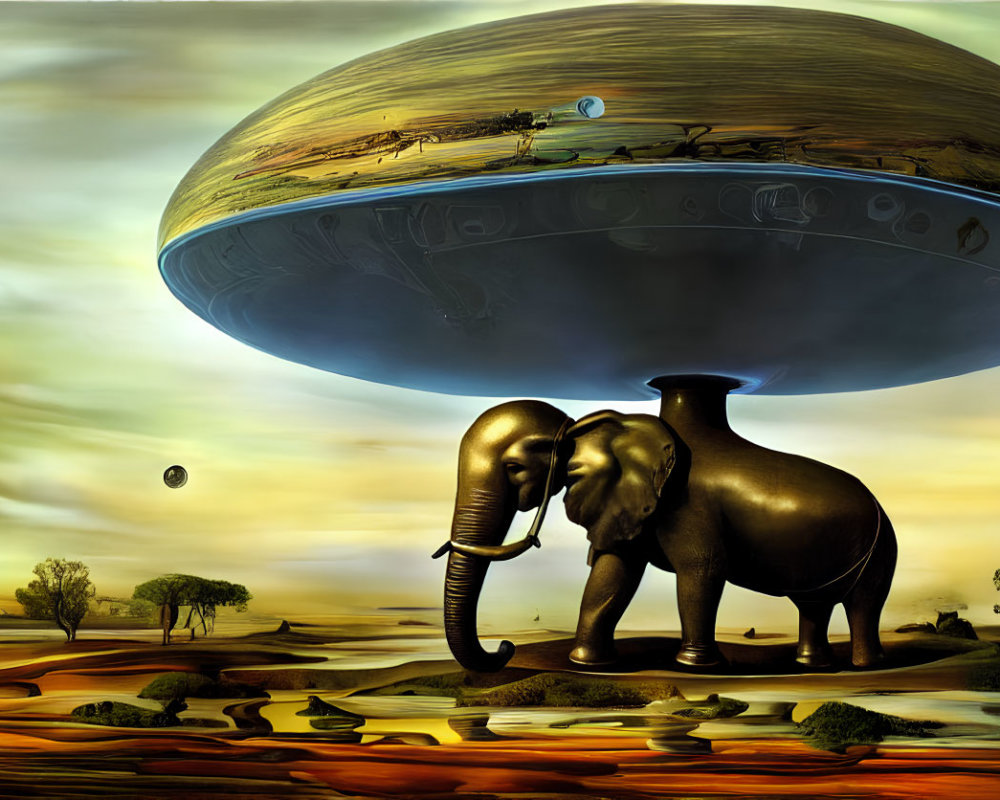 Elephant under massive UFO in surreal golden landscape