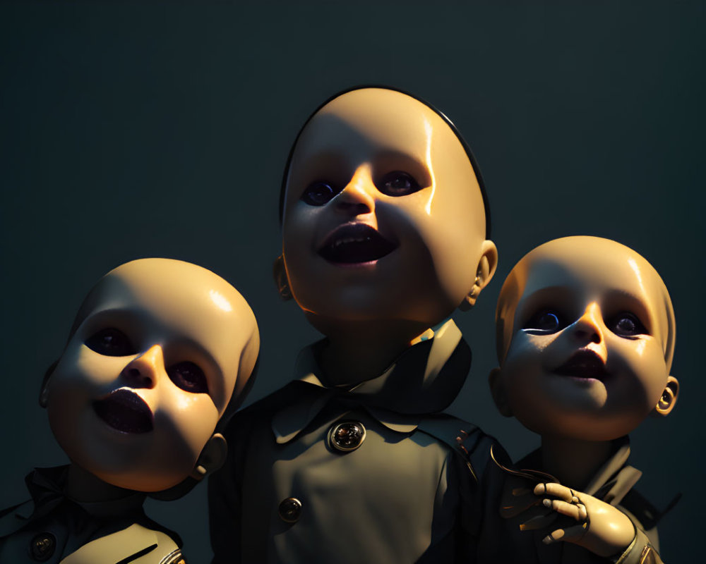 Three unsettling figures with oversized baby heads and adult-like bodies in dark attire on dark background.