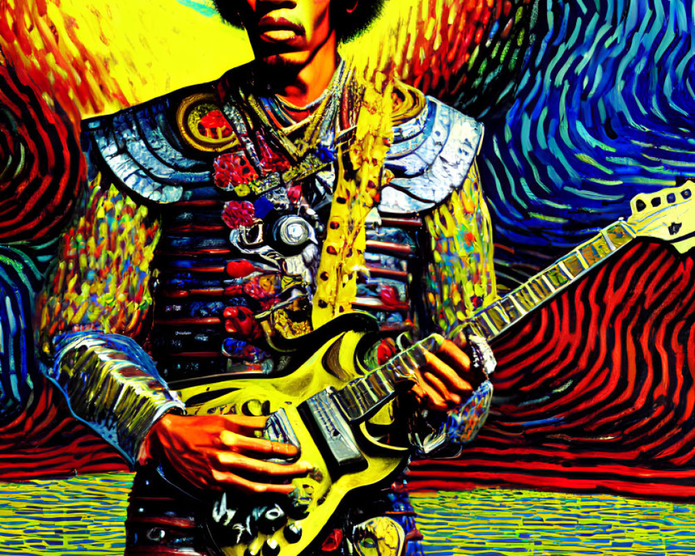 Colorful Psychedelic Guitar Player Artwork with Swirl Background