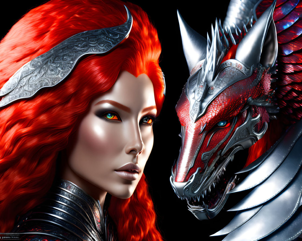 Fantasy illustration of woman with red hair and silver headdress beside metallic dragon