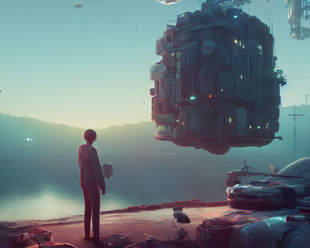 Person admires futuristic lakeside cityscape at dawn or dusk