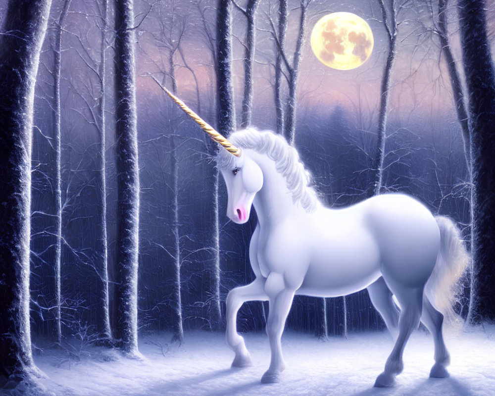 White unicorn with golden horn in snowy forest under full moon