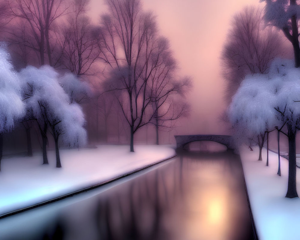 Snow-covered trees, calm river, bridge, pink and purple sky - Tranquil Winter Scene