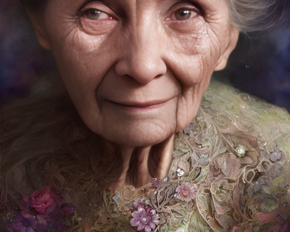 Elderly woman with gentle smile and floral adorned garment