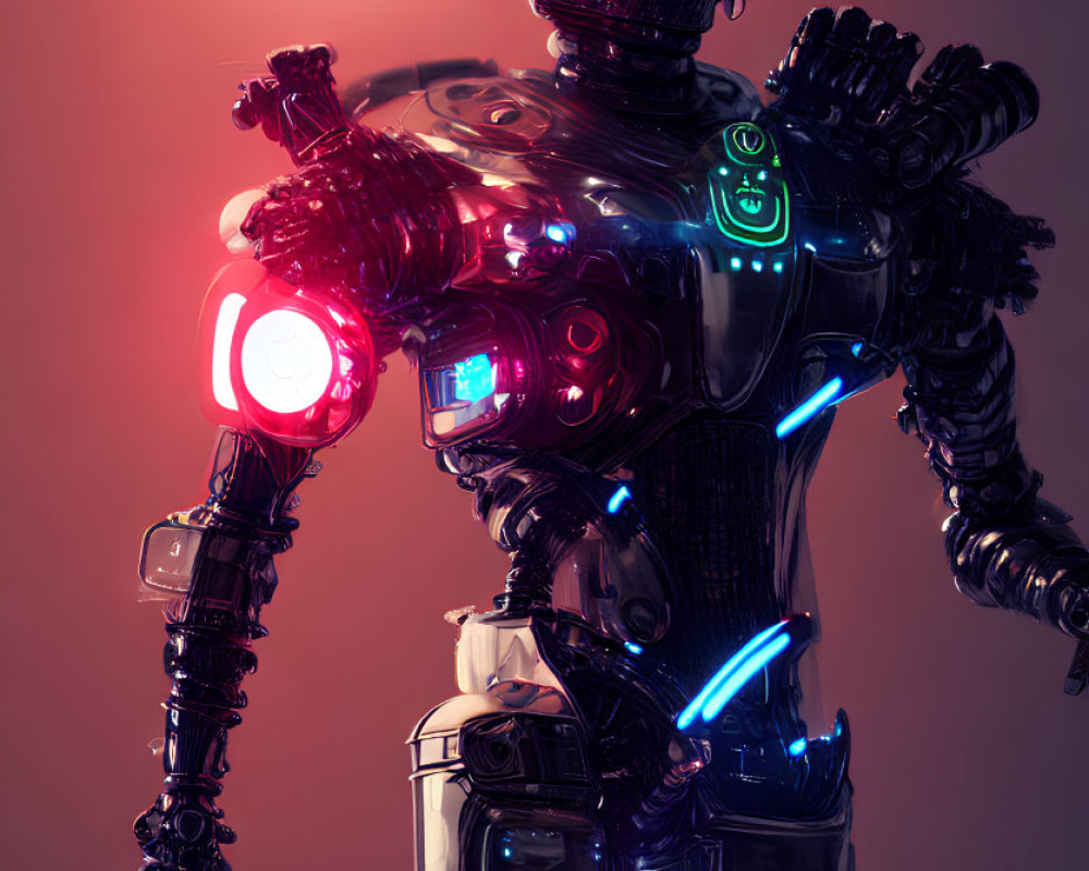 Glowing humanoid robot with blue and red lights against warm backdrop