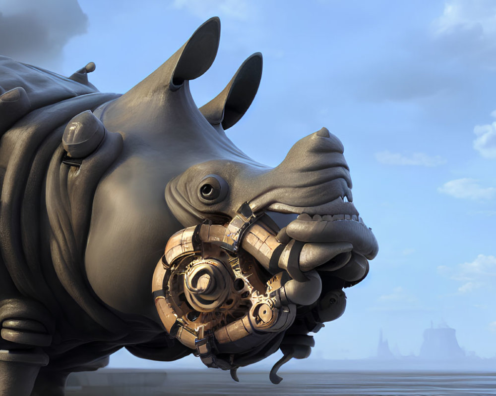 Intricate mechanized rhinoceros against cloudy sky