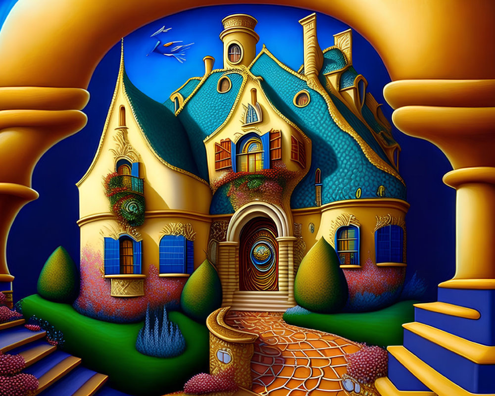 Colorful illustration of whimsical house with blue roof and spiral staircase against twilight sky and oversized yellow arch