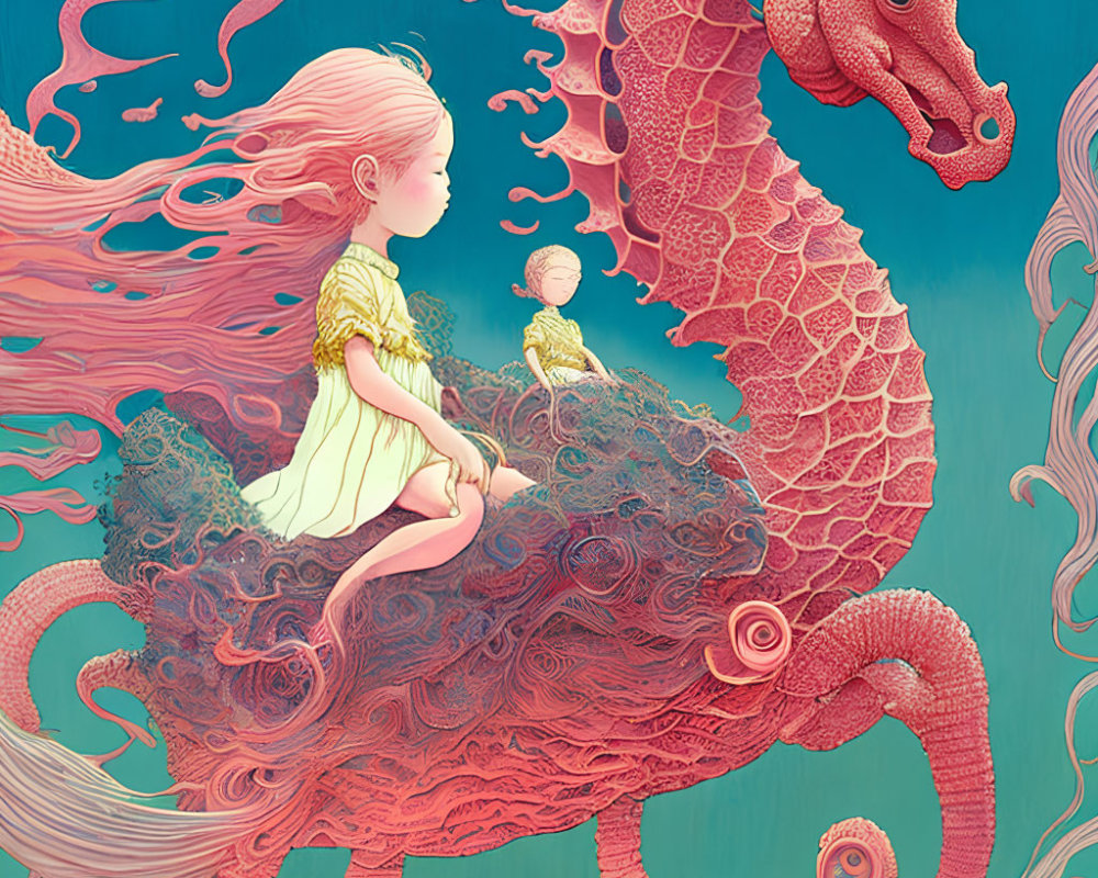 Surreal illustration of girl and small figure on red seahorse in teal setting